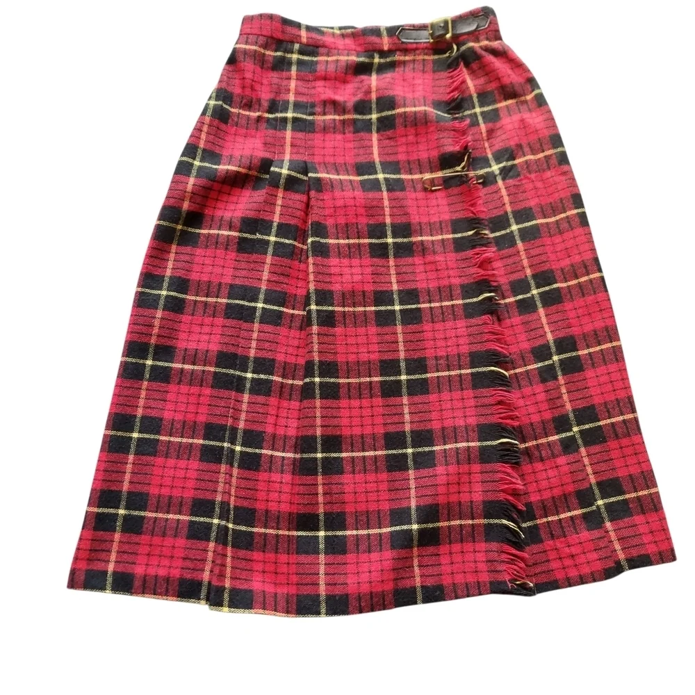 Vintage Red Black Tartan Plaid Skirt with Side Fringe
